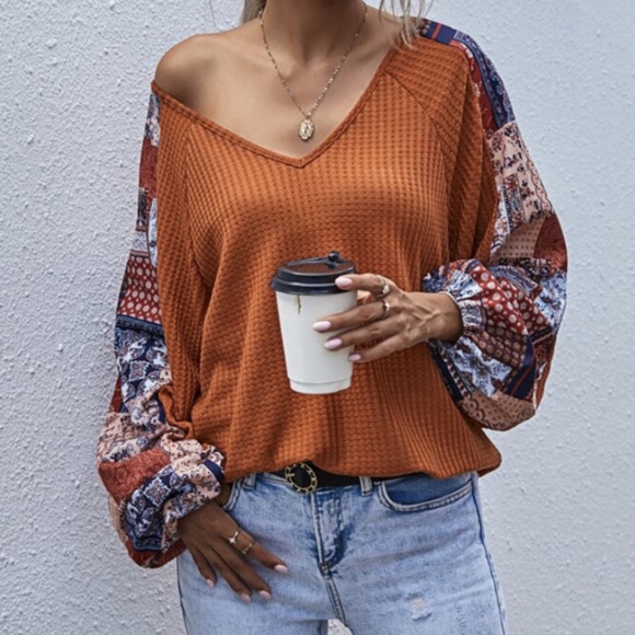 CLEARANCE Orange Fall Vibes Patchwork Waffle Long Sleeve Tee - Picture 4 of 8